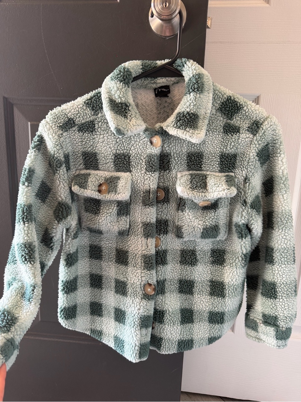 Cat & Jack Green and White Plaid Sherpa Button-Front Jacket
